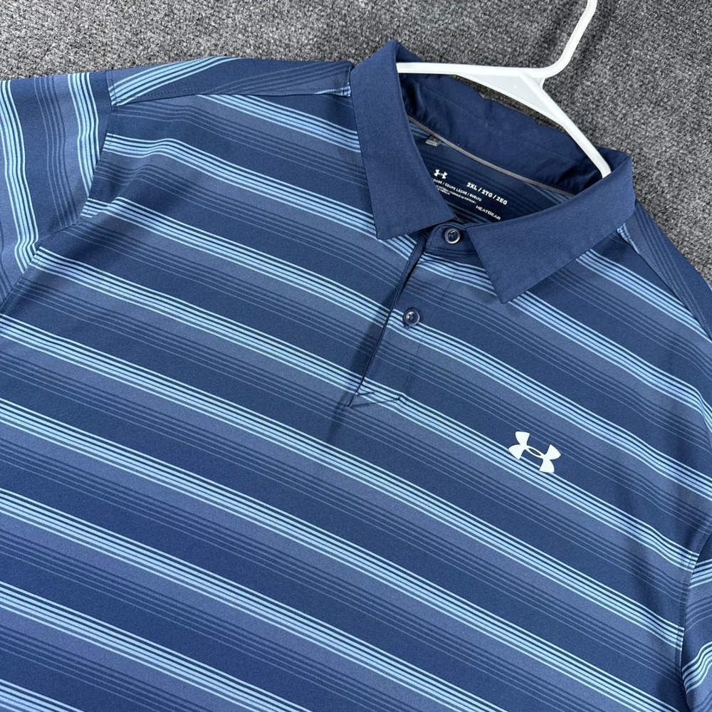 Under Armour Polo Shirt Mens 2XL XXL Blue Striped HeatGear Athletic Golf Casual